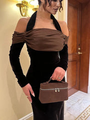 Model wearing a Strapless Halter Black Floor-Length Dress from Golden Atelier, showcasing the full length and elegant silhouette.