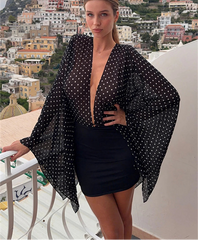 Black Polka Dot Deep Neck Flare Sleeve Mini Dress
