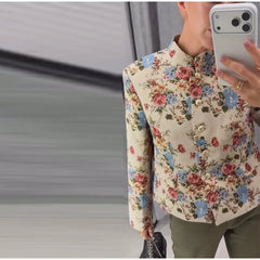 Floral Mandarin Collar Cropped Jacket