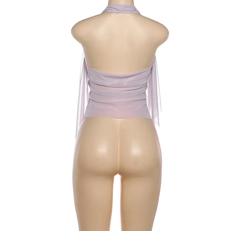 Mannequin wearing a light purple halter top with sheer sleeves on a white background