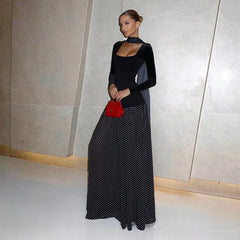 Black Long SLeeve Polka Dot Patchwork Print Maxi Dress With Scarf