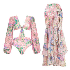 Ruffle Trim Floral Print Swimwear Set
