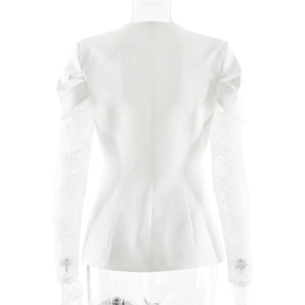 White blouse with ruffled shoulders on a white background