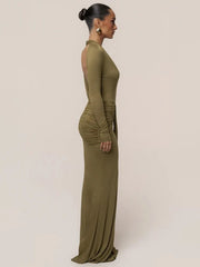 Maxi dress with deep V-neck and ruched detailing