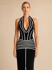 Black Bandage Striped Halter Neck Maxi Dress