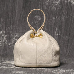 White leather drawstring bucket bag
