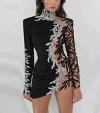 Turtleneck Long Sleeves Sequins Applique Mini Black Dress