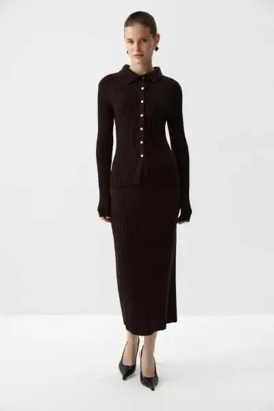 Brown ribbed knit polo top and midi skirt