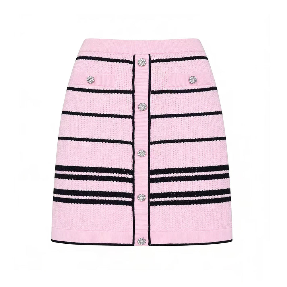 Pink striped button-up knit skirt with black trim and embellished buttons.