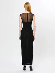 Ankle-length black bodycon dress with irregular mesh inserts

