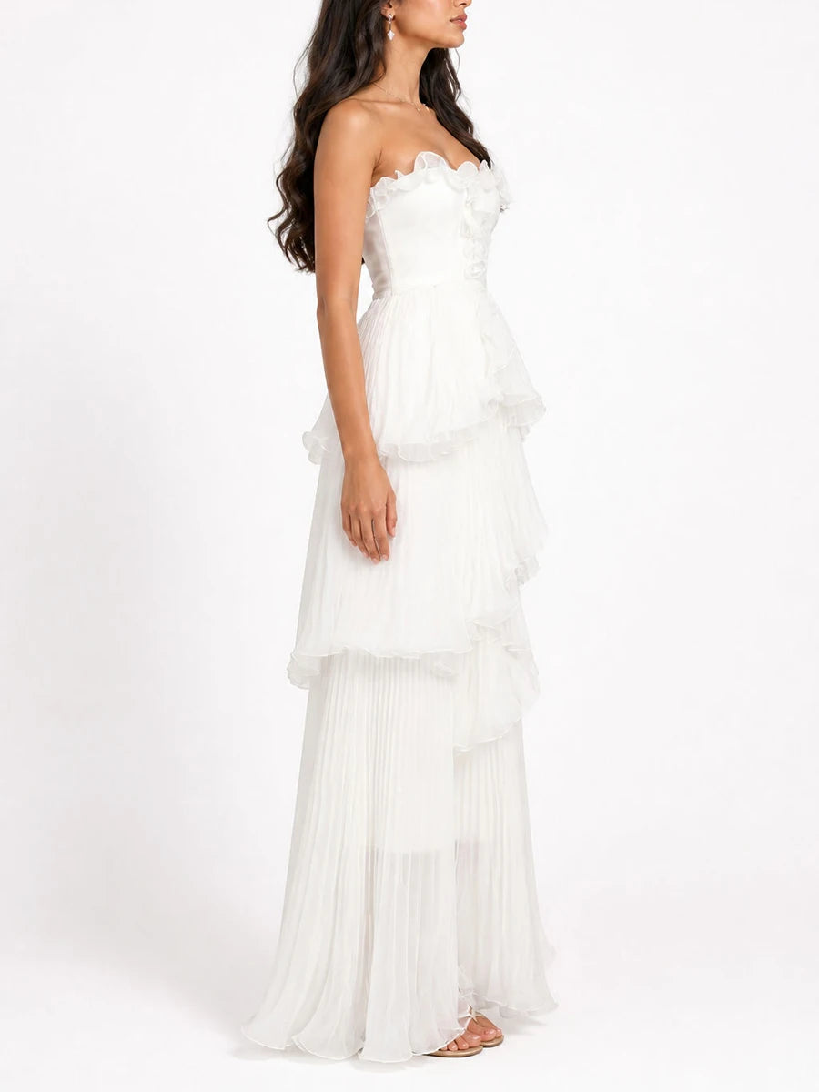 Strapless ruffled tiered maxi dress side view