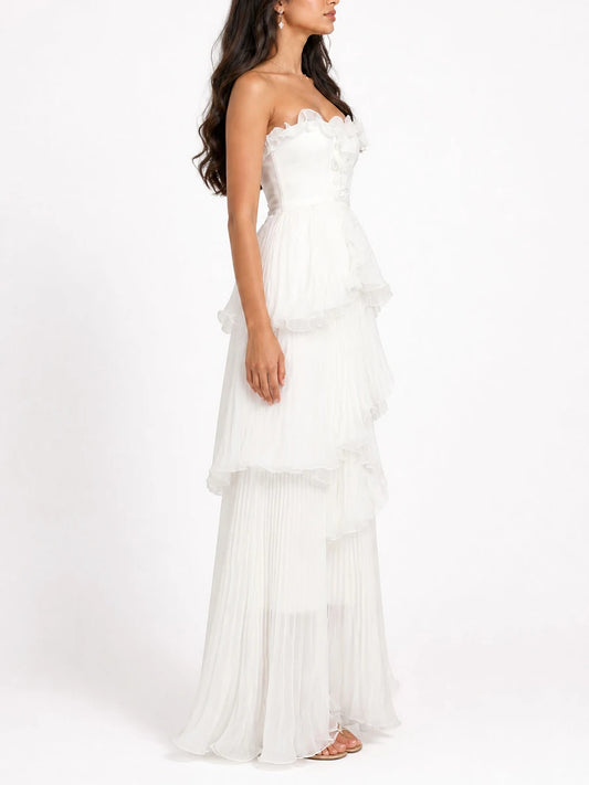 Strapless ruffled tiered maxi dress side view