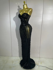 Black strapless embellished sheath dress profile view
