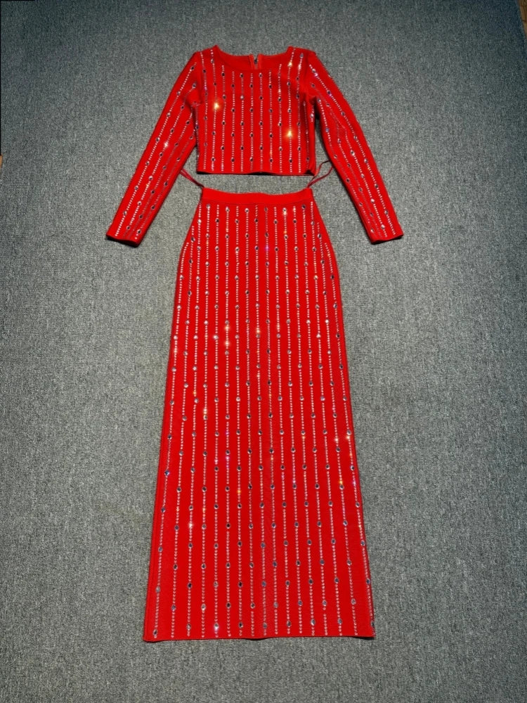 Red beaded dress on a gray background