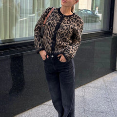 Knitted Long Sleeve Leopard Print Sweater