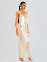 Women's bling glitter sequin sleeveless transparent maxi party dress for evening events.