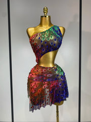 Sheer crystal one-shoulder mini dress front view