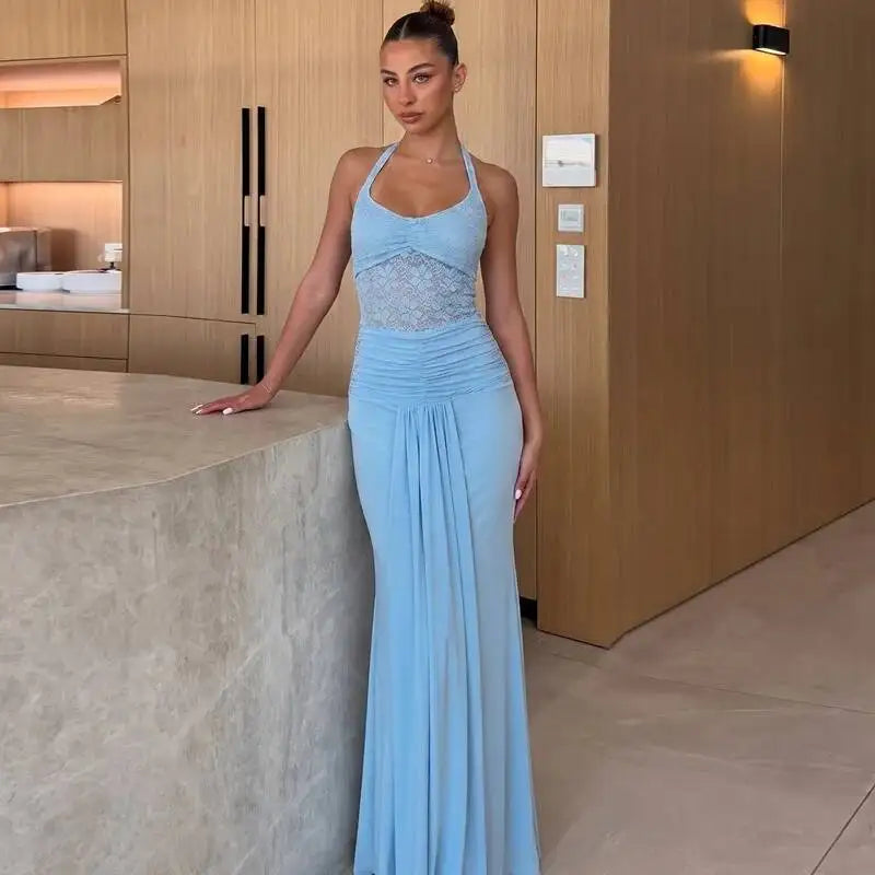 Close-up of the lace detail on a halter neck maxi dress