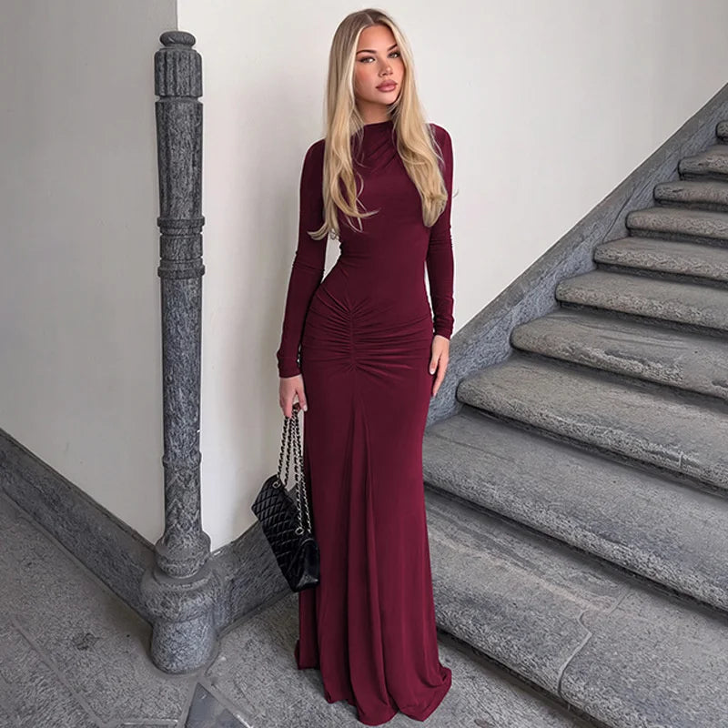 Turtleneck long sleeve maxi dress with ruched waist