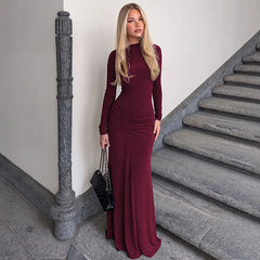 Turtleneck long sleeve maxi dress with ruched waist