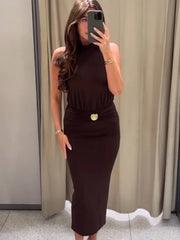 High Neck Collar Tie Up Shell Maxi Dress