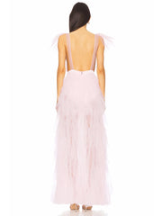 Pink V-Neck Ruffle Tulle High Slit Dress