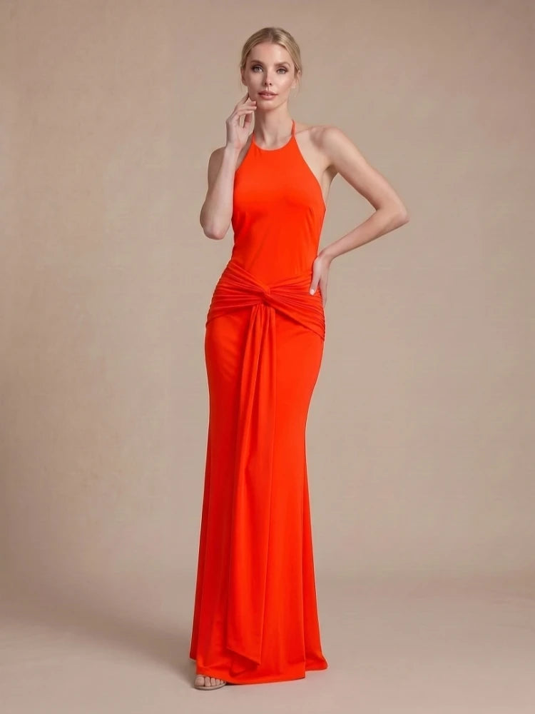 Halter neck twisted waist full length gown detail