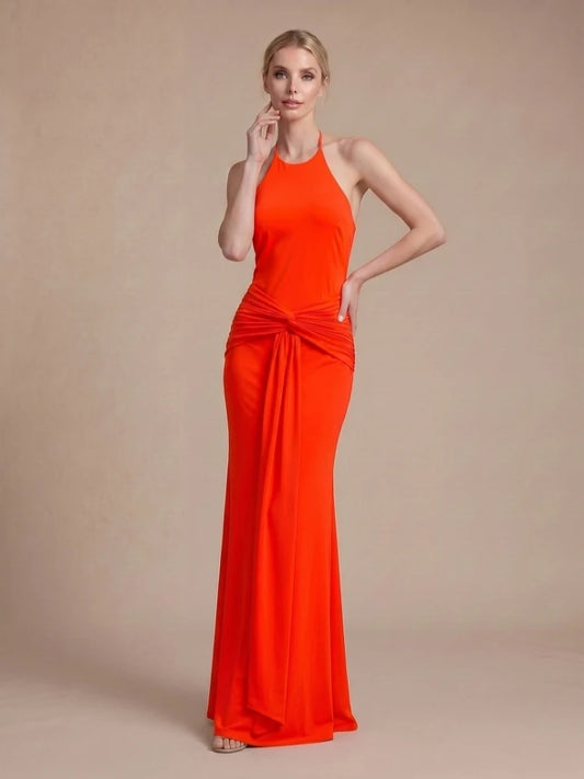 Halter neck twisted waist full length gown detail