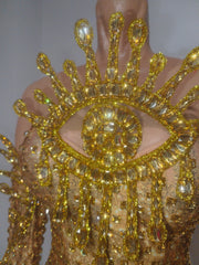 Detail of rhinestone eye and bodice on bodysuit