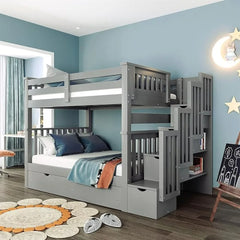 "Wooden kids loft bunk bed with stairs and 6 storage drawers"

