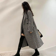 Hounds tooth Faux Woollen Thick Long Overcoat