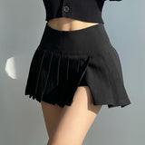 Pleated Side Split Anti-Glare Solid High Waist A Line Mini Skirt