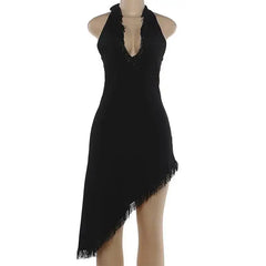 Black Halter Beaded Neck Trim Asymmetric Dress