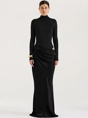 Black draped cutout turtleneck maxi dress
