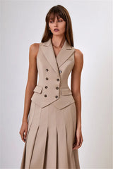 Notched Collar Pleated Skirt Suit Two Piece Sets