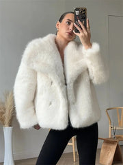 White Fur Feather Long Sleeve Tassel Lapel Female Coat