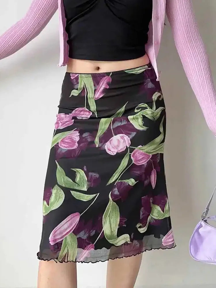Floral print mesh midi skirt styled