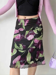 Floral print mesh midi skirt styled