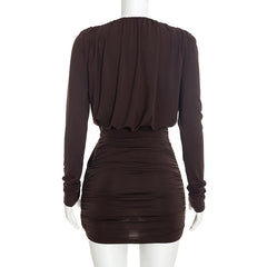 Draped Deep Neck Long Sleeve Mini Dress