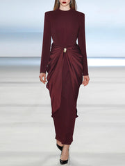 Satin draped maxi dress with shirred waist and long sleeves
