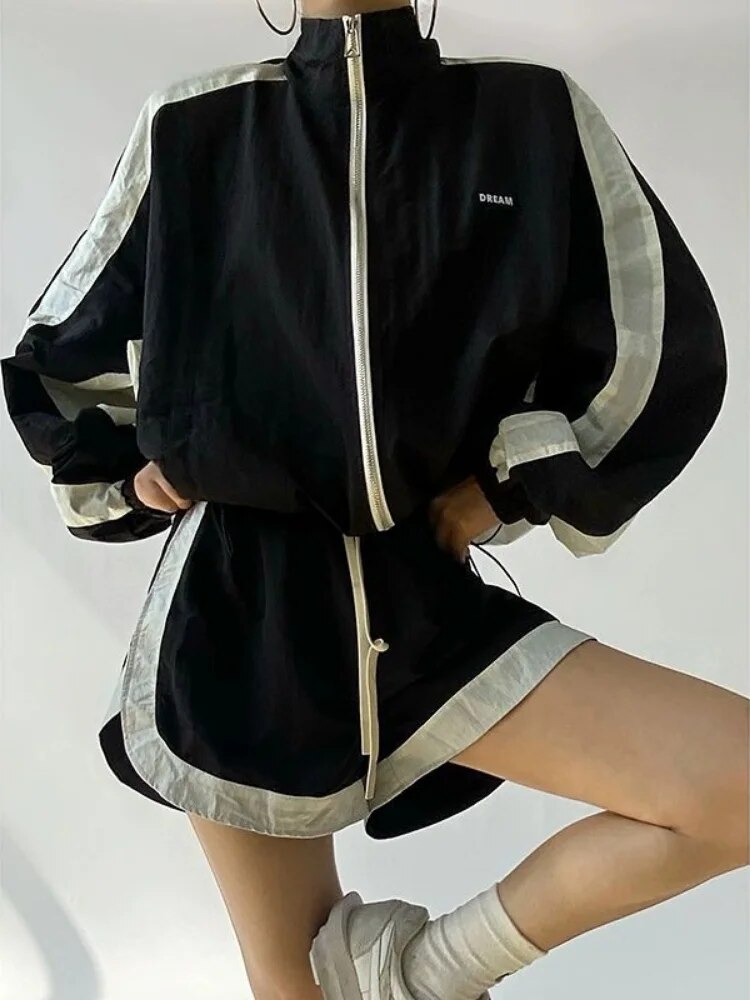 Two Piece Shorts Sets Women Oversize Patchwork Zip Jacket