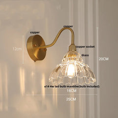 Wall-mounted lamp with measurements and material labels on a neutral background