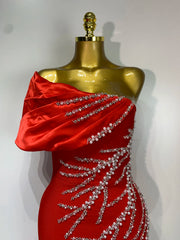One Shoulder Diagonal Collar Beaded Long Dress