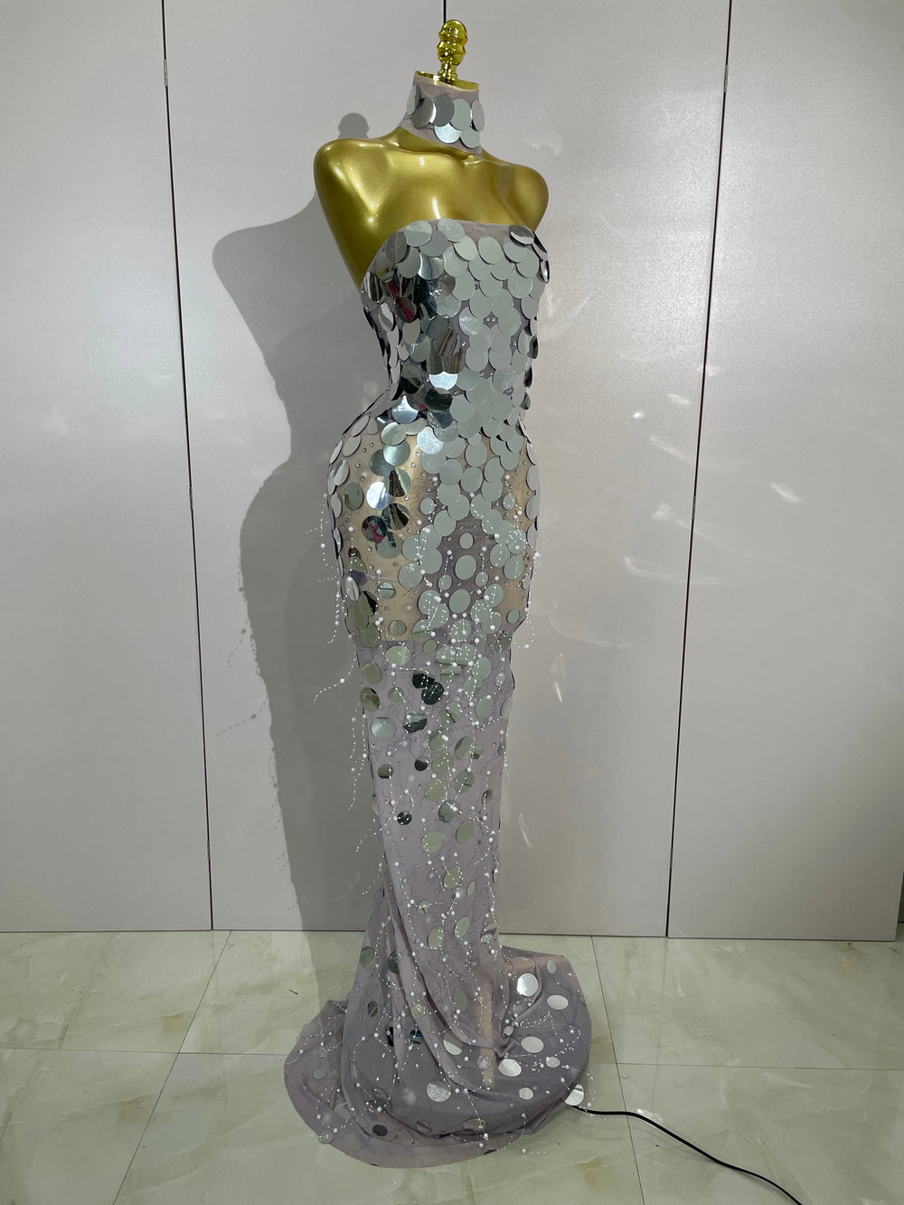 Sequin and pearl strapless floor length dress
