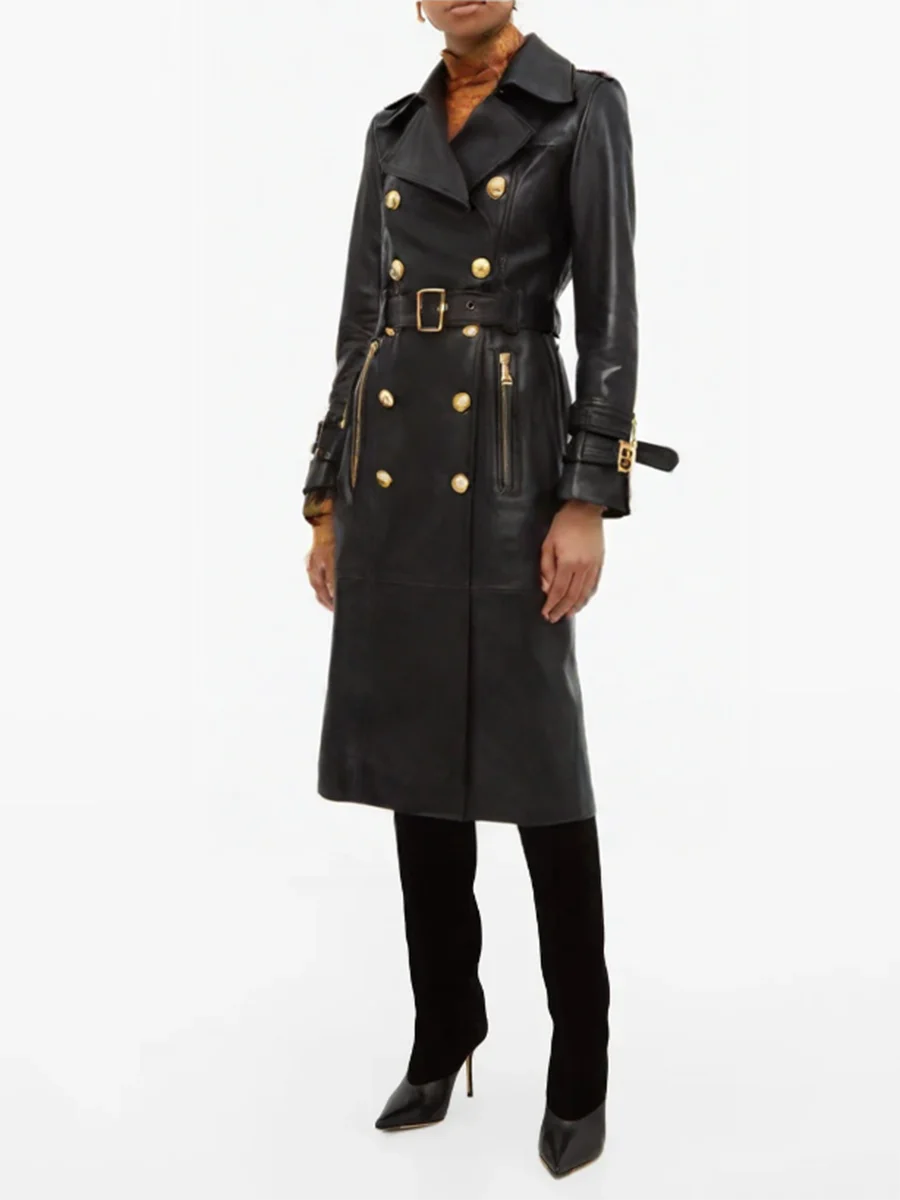 Double breasted leather trench shown in long silhouette
