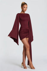 Burgundy draped sleeve ruched mini dress full body