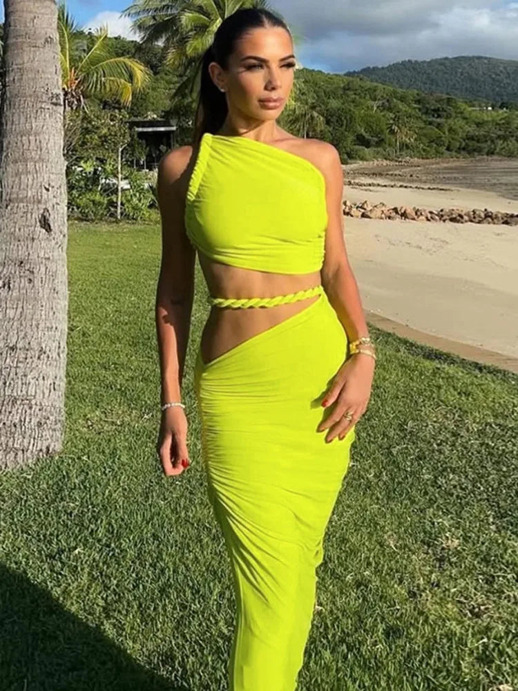 Green Oblique Shoulder Top Thigh High Split Long Skirt Set