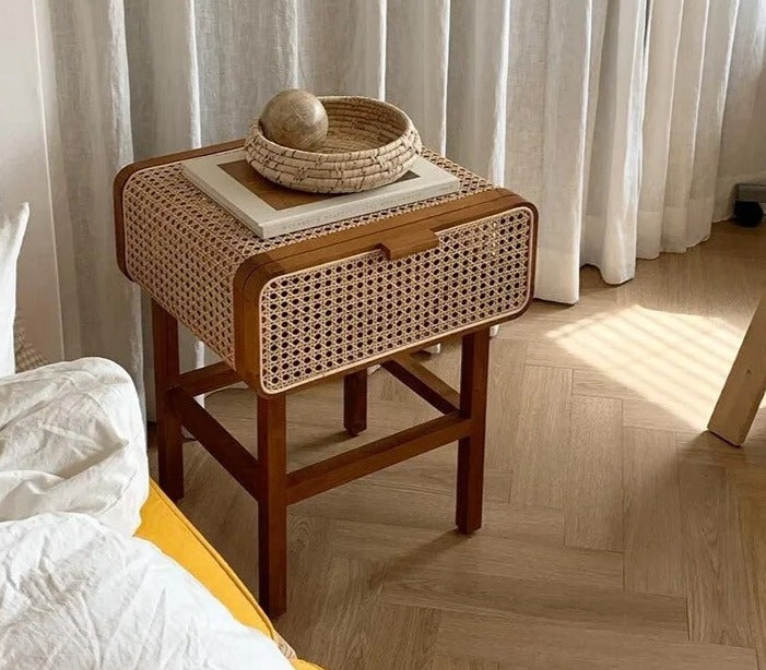 Solid Wood Rattan Handmade Bedside Table Small Cabinet