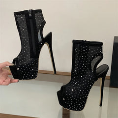 Rhinestone Mesh Peep Toe Booties