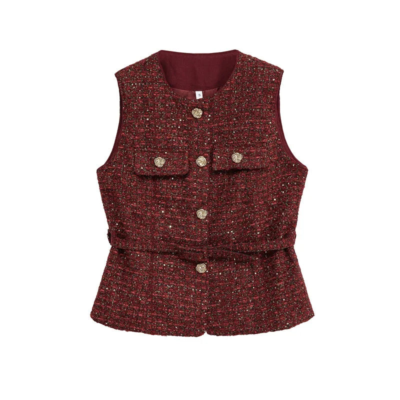 Red textured vest with buttons on a white background